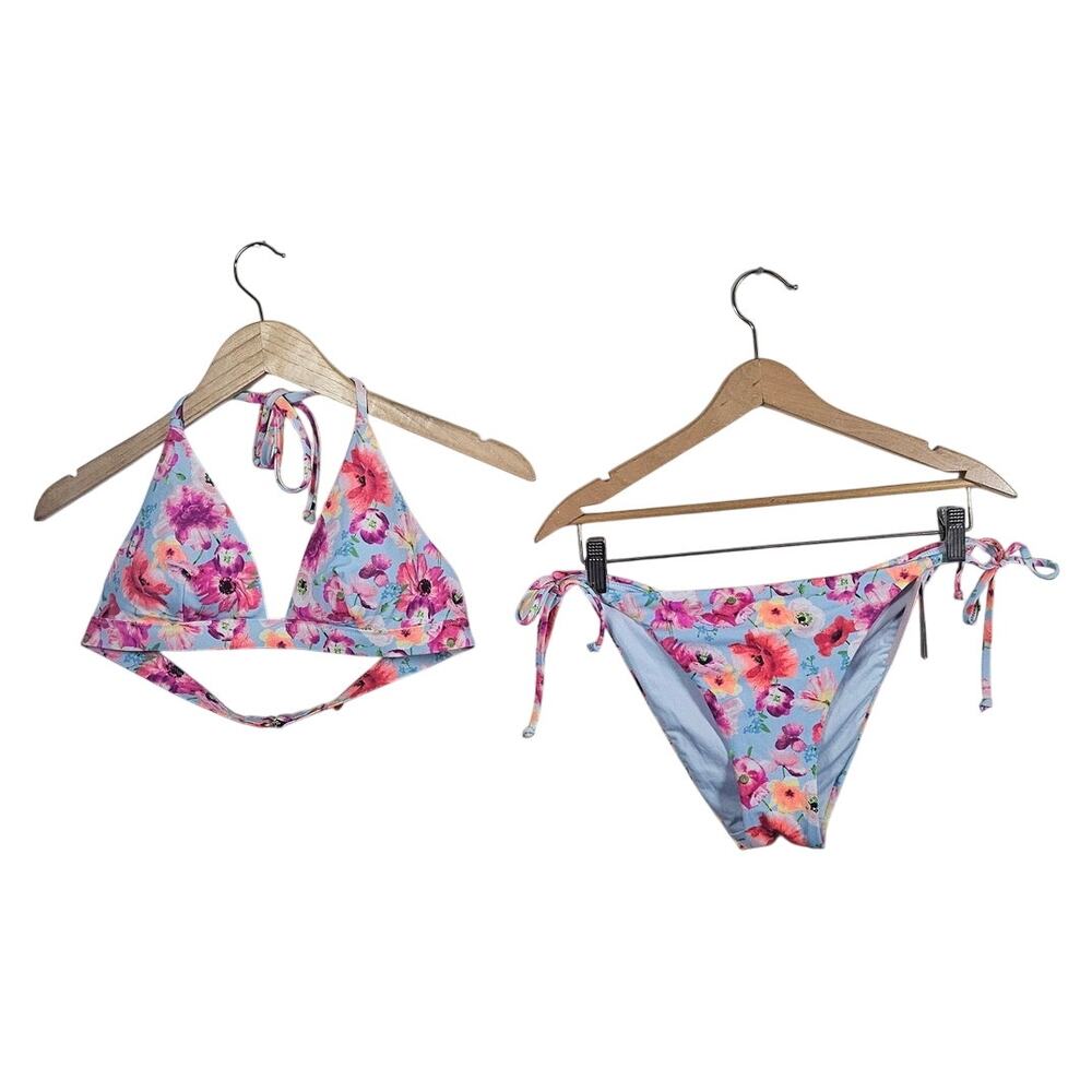 Victoria's‎ Secret Blue Floral Bikini Set Halter Top String Bottom XL NWT/NWOT